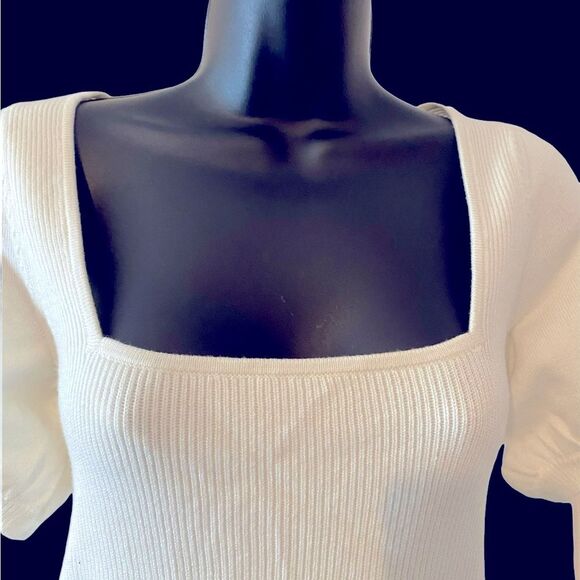NWT square neck white ribbed crop top puff sleeves by French Connection size S. - Picture 6 of 10